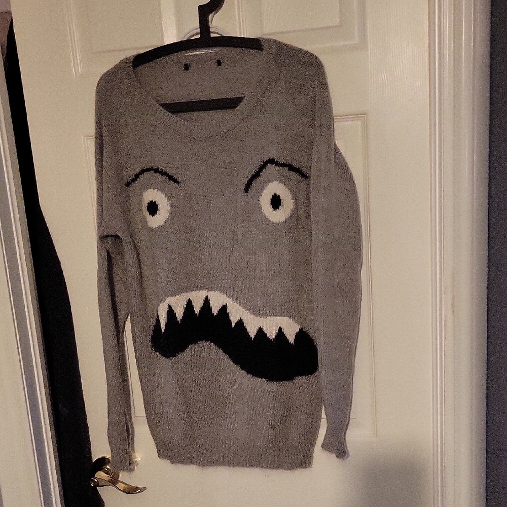 Forever 21 Gray Off-the-Shoulder Sweater with Monster Design